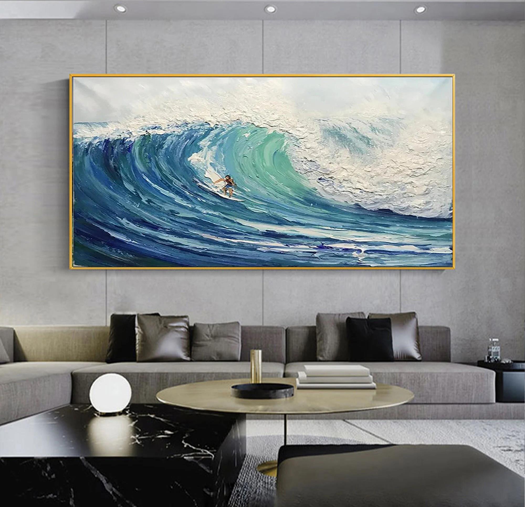 Surfing sport Blue Waves by Palette Knife texture Oil Paintings
